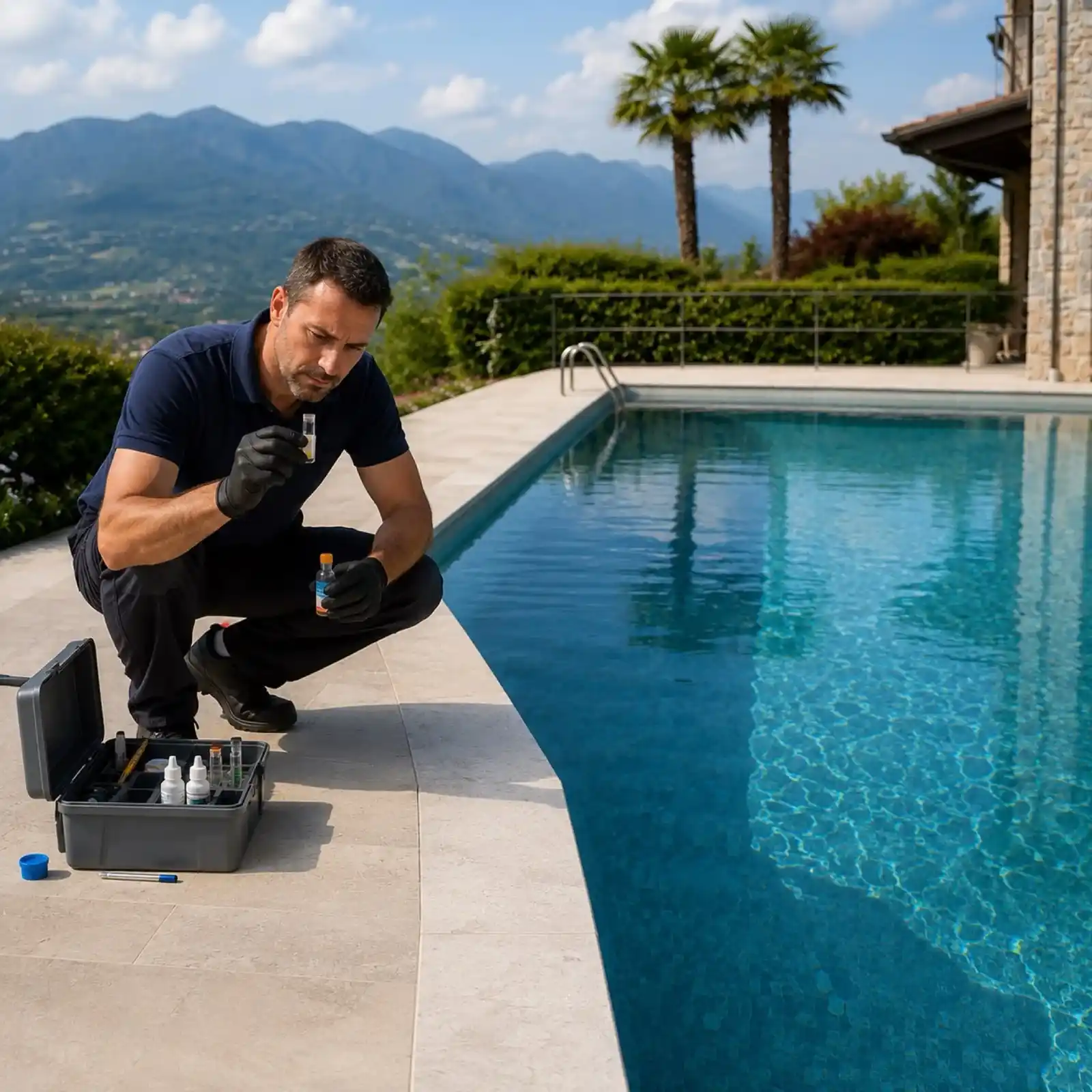 Profesional comprobando el agua durante el mantenimiento de una piscina en Alicante